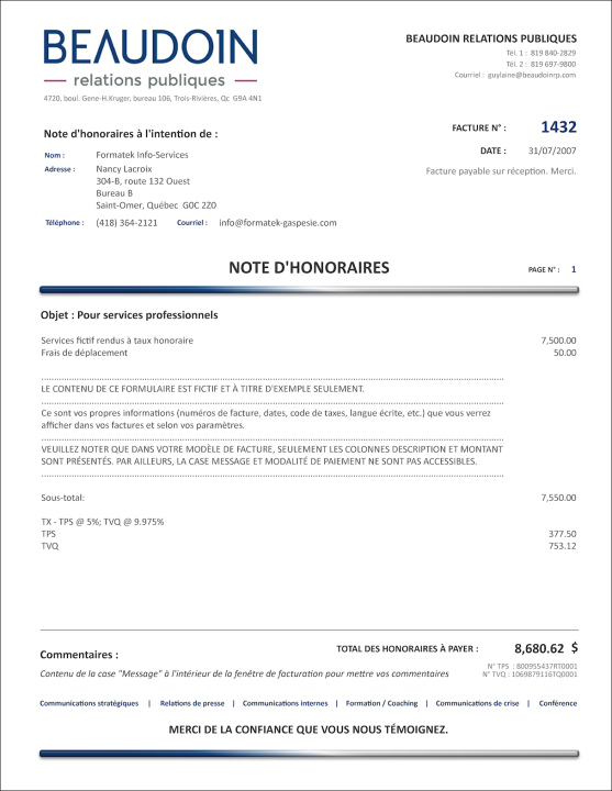 SAGE 50 | NOTE D'HONORAIRES | # M5SE04-1